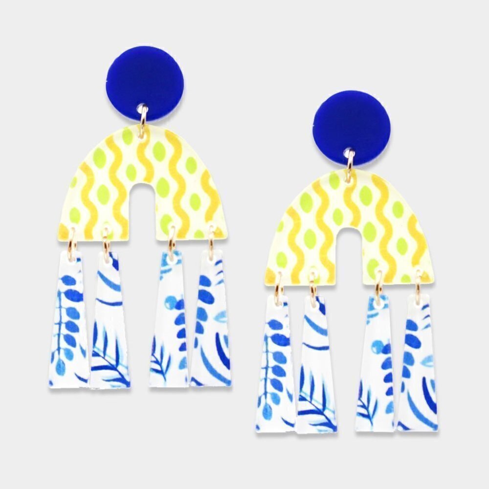 NEW‎ Yellow Blue Abstract Floral Retro Resin Dangle Earrings